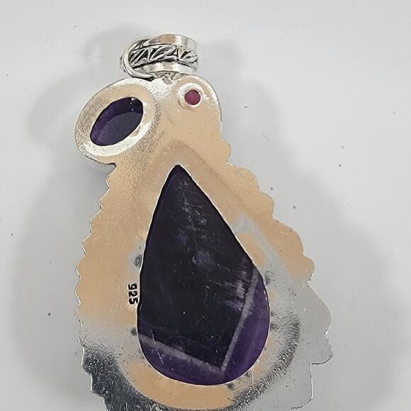 Handmade Silver Pendant with Chevron Amethyst & Deep Red Garnet Accent Stone - Picture 5 of 10